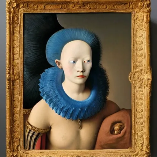Prompt: portrait of albino girl with blue eyes, with beautiful exotic, archaic, prehistoric, Balinese mask, sculpture. Painting by Jan van Eyck, Audubon, Rene Magritte, Agnes Pelton, Max Ernst, Walton Ford,