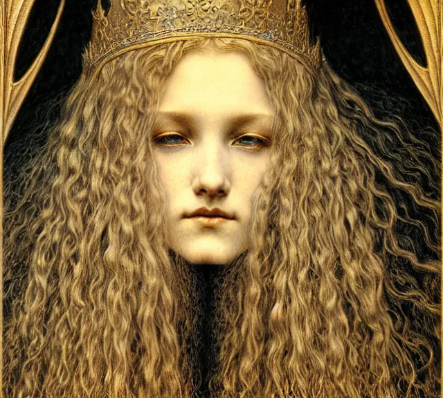 Image similar to detailed realistic beautiful young medieval queen face portrait by jean delville, gustave dore and marco mazzoni, art nouveau, symbolist, visionary, gothic, pre - raphaelite. horizontal symmetry