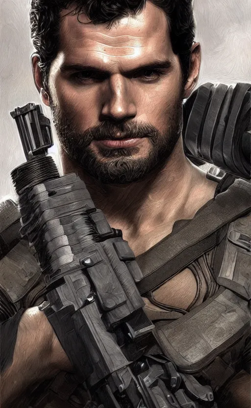 Image similar to portrait of henry cavill as chris redfield, resident evil, pistol, upper body, henry cavill!!!, fantasy, intricate, elegant, highly detailed, digital painting, artstation, concept art, smooth, sharp focus, illustration, art by artgerm and greg rutkowski and alphonse mucha