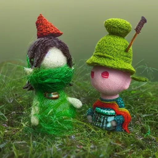 Image similar to a couple of small figurines sitting on top of a lush green field, a tilt shift photo by alexander jansson, featured on deviantart, fantasy art, made of beads and yarn, psychedelic, whimsical