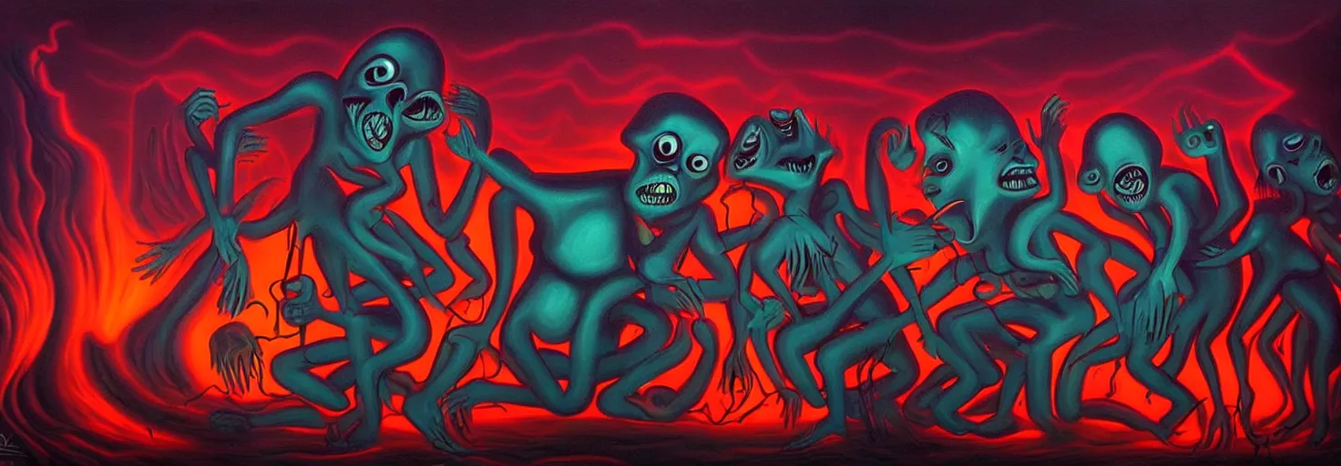 Image similar to visceral freaky obsessive monsters from the darkest depths of collective unconscious, dramatic glowing lighting, 1 9 3 0 s fleischer cartoon characters, wild emotional expressions - surreal painting by ronny khalil