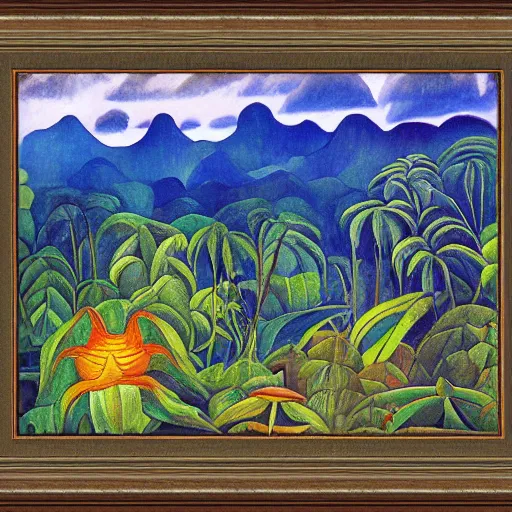 Prompt: Beautiful rainforest landscape, sunrise on horizon, by Diego Rivera