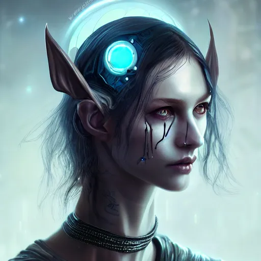 Image similar to cyberpunk robotic dark elvish queen, diadem on the head, black tears, extremely detailed, hyperrealistic, intricate, soft light, fantasy, digital painting, art station, perfect faces, fine details, by wlop