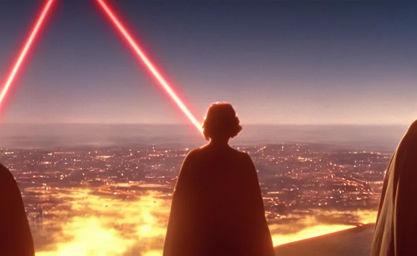 Prompt: iconic wide cinematic screen shot of luke skywalker facing a female sith lord, standing with a view of coruscant at sunset, from the thrilling scene from the 1 9 9 0 s sci fi film directed by stanley kubrick, moody cinematography, foggy volumetric lighting, hyper detailed scene, anamorphic lenses 2 4 mm, lens flare, award winning