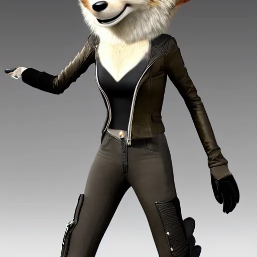 Image similar to portrait, 3d render , anthropomorphic female wolf , wearing a long leather jacket , in the style of Zootopia