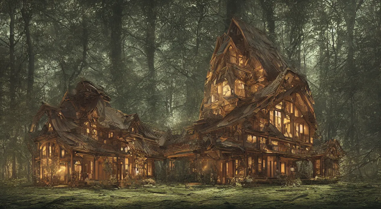 Prompt: a small wooden house built of carbon fibre surrounded by a dense forest, retro dark vintage sci-fi, matte illustration, highly detailed, baroque, crazy detail, intricate, elite, ornate, elegant, extravagant, dramatic lighting, CGsociety, hyper extremism, golden ratio, ambient key art, octane rendering, weta digital, micro detail, 3d sculpture, structures, ray tracing 8k