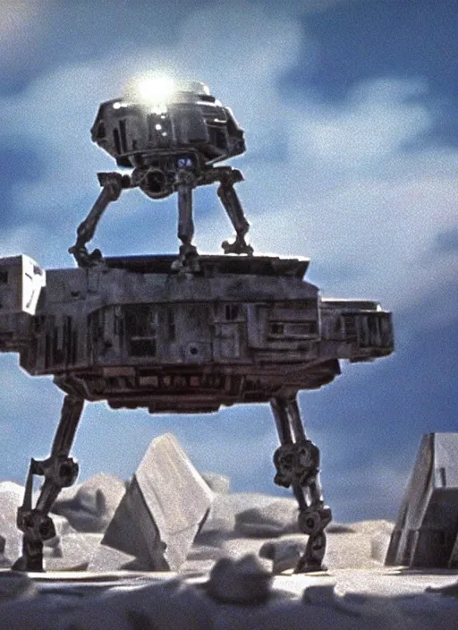 Prompt: screenshot of a wide shot looking up at a star wars AT-ST on a trash planet, from the 1970s film by Stanley Kubrick, brutal, iconic scene, stunning cinematography, hyper-detailed, sharp, anamorphic lenses, kodak color, 4k, stunning