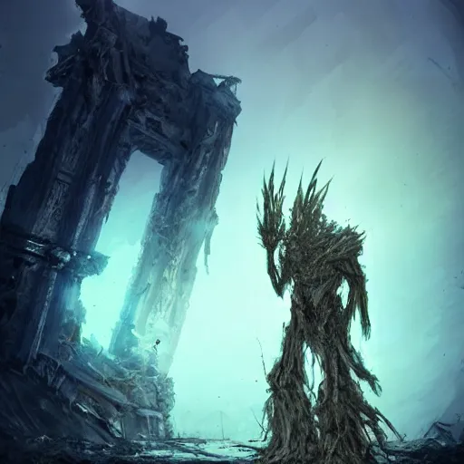 Prompt: Concept art of a half destroyed (Sentinel) holding the (mythical) (blade) of the ruined king, (abandoned futuristic ruins), digital art, destruction, glow in the dark, (ethereal), gold, the (void,) ominous vibes, heroism, fear, very detailed, trending on artstation, intricate details, high definition, 16k, Artstation, by Pablo Dominguez