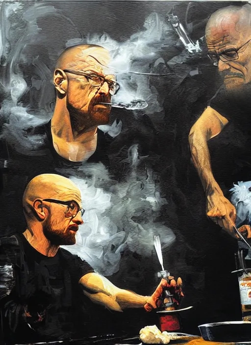 Image similar to walter white and jesse pinkman cooking meth, smoke, painting by phil hale, fransico goya,'action lines '!!!, graphic style, visible brushstrokes, motion blur, blurry, visible paint texture, crisp hd image