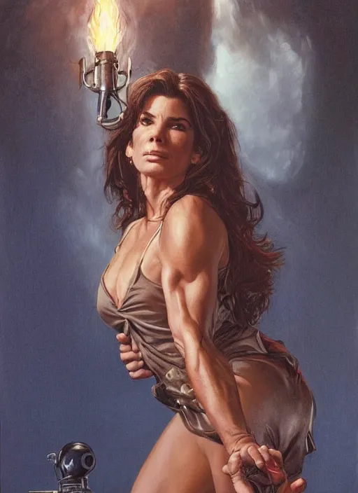 Image similar to Sandra Bullock (1990) as a muscled heroine staring into the camera, torch shadows, foggy night, intricate, elegant, highly detailed, Donato Giancola, Joseph Christian Leyendecker, WLOP, Boris Vallejo, Artgerm