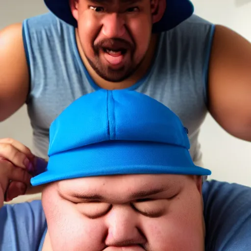 Image similar to crying obese man wearing a blue cap with a P on it