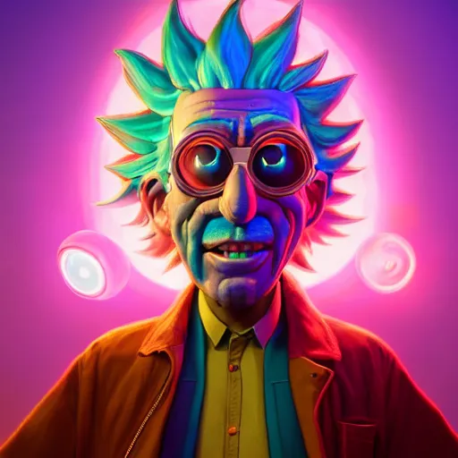Image similar to portrait of old shaved rick sanchez, big eyes, lab coat and tee shirt, lens flare, atmosphere, glow, detailed, intricate, full of colour, cinematic lighting, trending on artstation, 4 k, hyperrealistic, focused, extreme details, unreal engine 5, cinematic, masterpiece