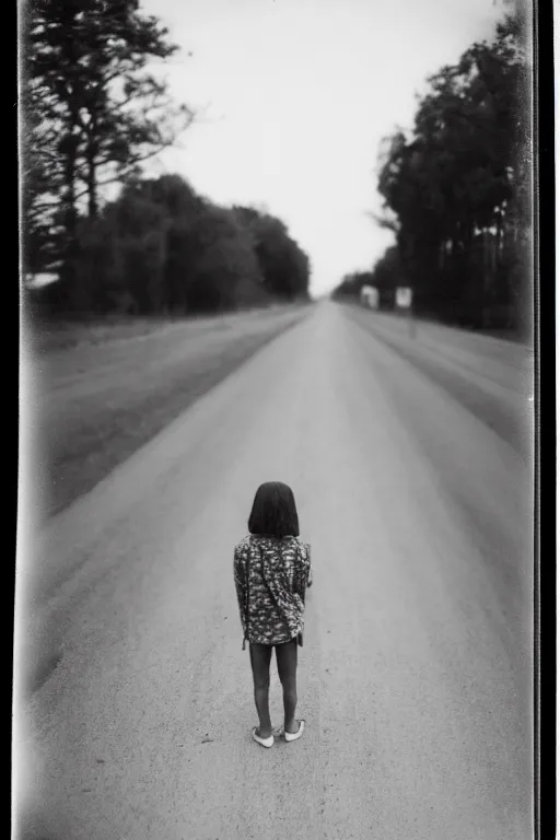 Image similar to photo polaroid of a sad and lonely child stands in the middle of a road, by the roadside many tents of field hospitals, pandemic, covid,loneliness, black and white ,photorealistic, 35mm film,