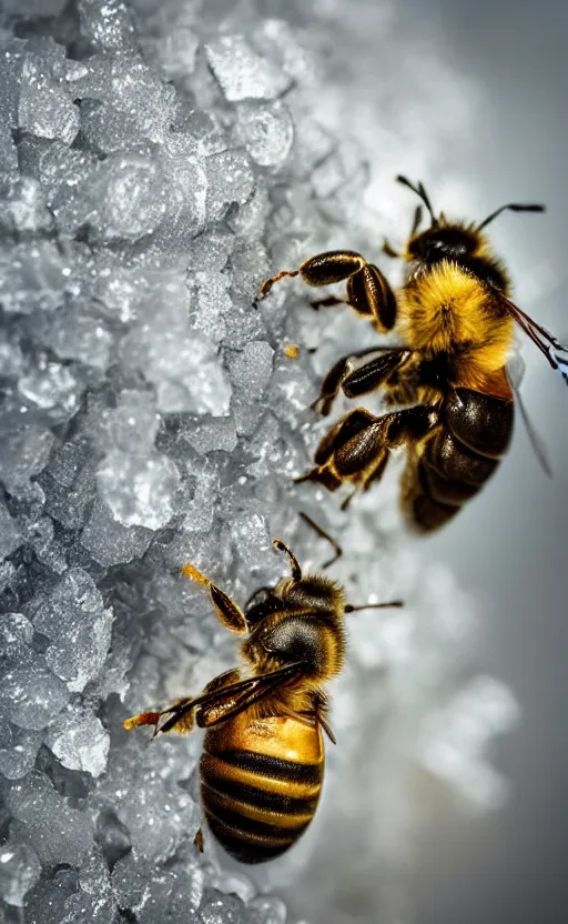 Prompt: the last bee entrapped under a sheet of ice, beautiful macro photography, cold ambient light