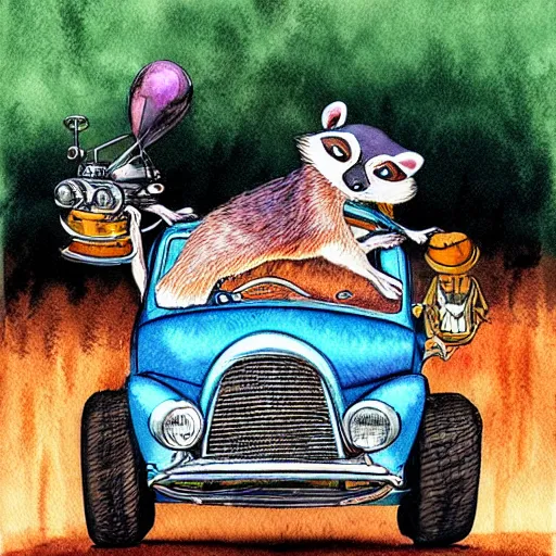 Prompt: racoon riding in a tiny hot rod coupe with oversized engine, ratfink style by ed roth, centered award winning watercolor pen illustration, by vonnie whitworth edited by range murata