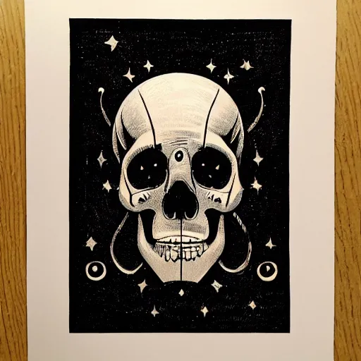 Prompt: Woodcut portrait of a beautiful cute skull with robot ears by falling into the stars greg rutkowski, 4k, intricate details