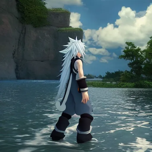 Image similar to a long white haired anime character holding out his hand in front of a body of water, a screenshot by michelangelo, deviantart contest winner, vanitas, official art, unreal engine 5, unreal engine. kingdom hearts opening. sharp focus. highly detailed. masterpiece. anime render. cinematic lighting. lifelike.