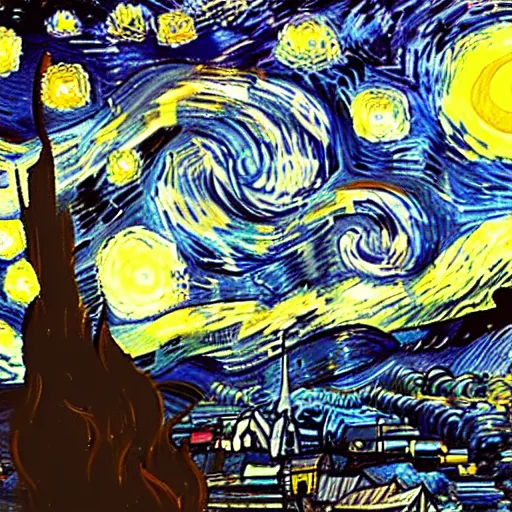 Image similar to silhouette of a flying girl with an umbrella in the style of starry nights. van gogh, cinematic composition. art station is on trend. beautiful lighting, super - detailed.