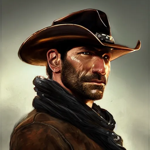 Prompt: a portrait of the punisher with a cowboy hat on with an American flag scarf, D&D, sci-fi, elegant, hopeful, muscular, highly detailed, digital painting, artstation, concept art, smooth, sharp focus, illustration