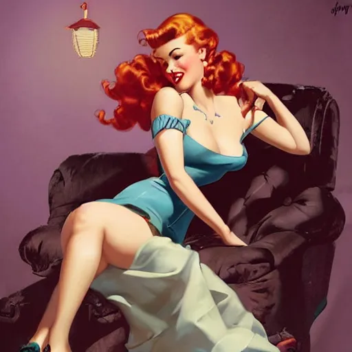 Image similar to a pinup by gil elvgren and charlie bowater.