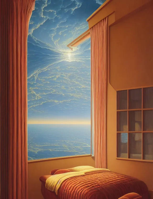 Prompt: a photo of a bed floating in the middle of an giant room with windows opening to eternity by casey weldon by thomas blackshear by lee madgwick, octane render, recursive, flowing, cascading, multiverse, labyrinthine