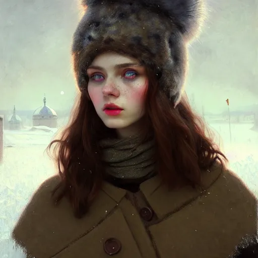 Image similar to young angry woman, beautiful girl, full body, cossak hat, in an igloo, realistic, serov, surikov, vasnetsov, repin, kramskoi, insanely detailed, charlie bowater, tom bagshaw, high resolution, octane rendered, unreal engine, illustration, trending on artstation, masterpiece, 8 k