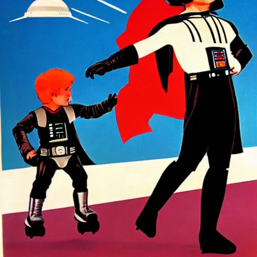 Image similar to darth vader and luke skywalker on roller skates, soviet propaganda poster