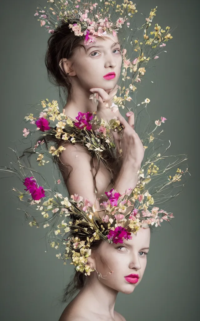 Prompt: flower adornment, creative studio portrait photography with wildly experimental and interesting lighting