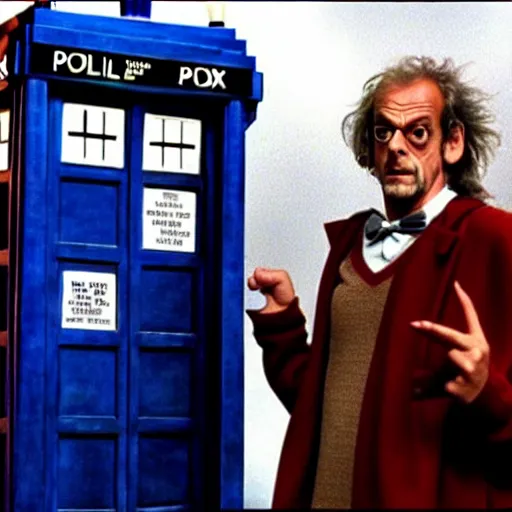 Image similar to christopher lloyd as doctor who in front of tardis, directed by steven spielberg, 1 9 9 4