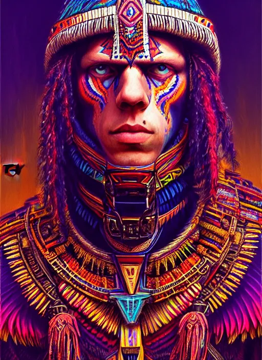 Image similar to portrait of jesse eisenberg, hyper detailed ultra sharp aztec shaman warrior. trending on artstation, warpaint aesthetic, bloodwave, colorful, psychedelic, ornate, intricate, digital painting, concept art, smooth, sharp focus, illustration, art by artgerm and greg rutkowski and h. r. giger, 8 k