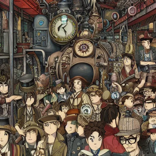 Image similar to steampunk where's Waldo picture by Studio Ghibli, super detailed