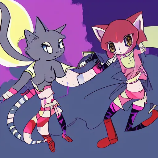 Image similar to magical cat lizard fight with robot cat girl, trending on art, anime