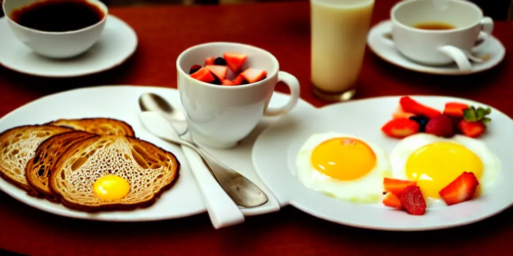 Image similar to photo of breakfast, close - up, low saturation, diffuse light