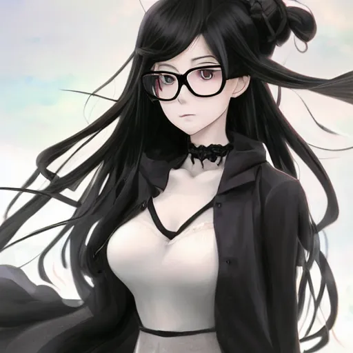 anime girl with black hair and glasses