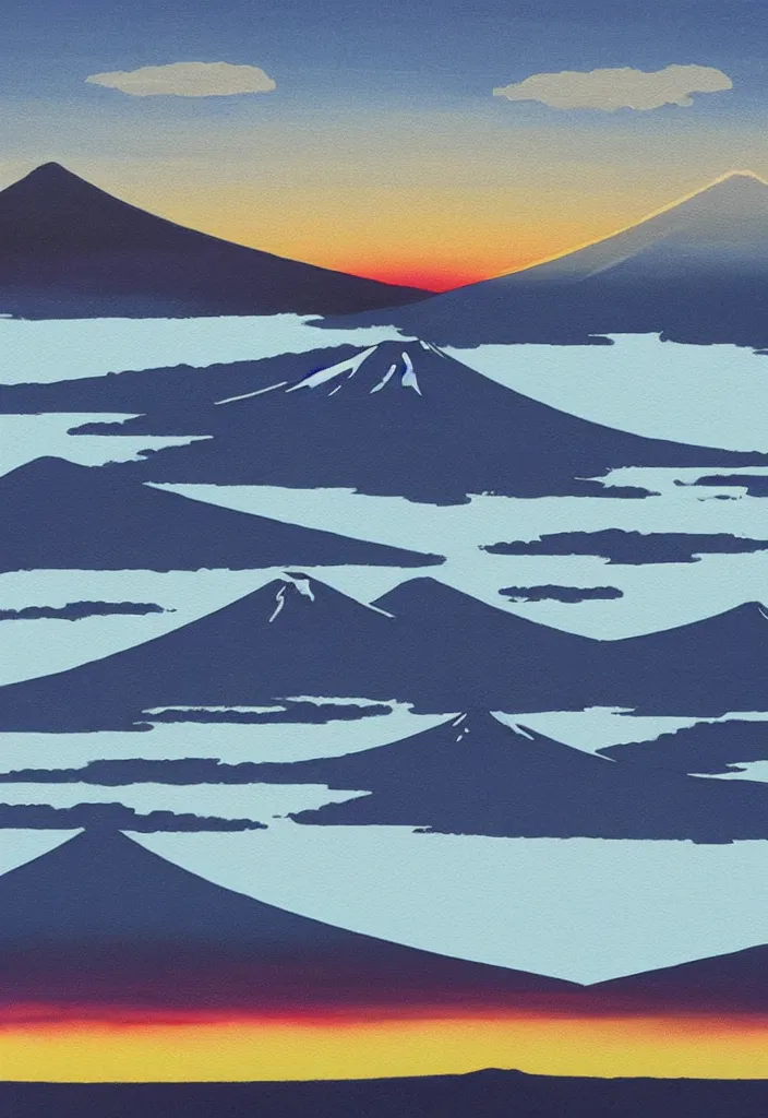 Prompt: clouds curling around mount fuji reflected on the lake surface at sunset, isolated on minimalist white acrylic base coat, detailed acrylic painting airbrush collagepainting by wes anderson, leslie david and lisa frank, dark monochrome neon color airbrush, mixed media painterly details, neoclassical composition, rule of thirds, design tension, impactful graphic design
