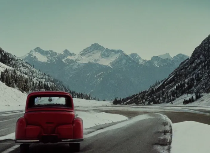 Image similar to A very high resolution image from a new movie, landscape from a car window , mountains, snowy, snowy mountains, Polaroid, directed by wes anderson