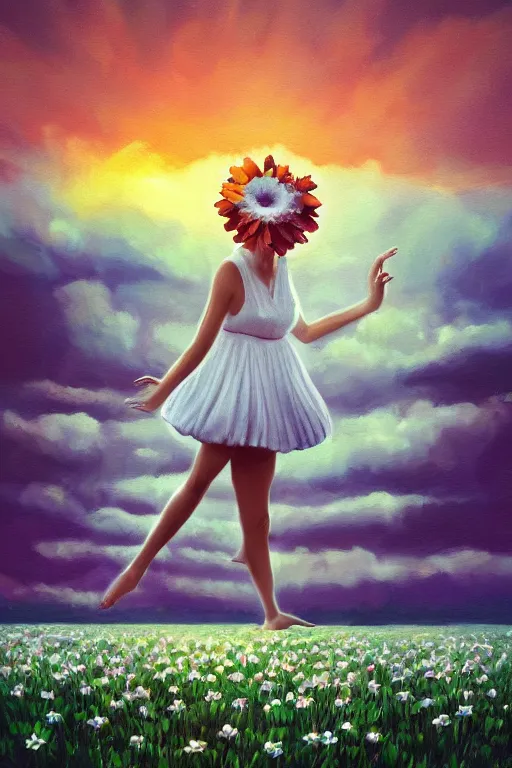 Image similar to giant white daisy flower as head, two legged girl dancing in a flower field, surreal photography, sunrise, dramatic light, impressionist painting, colorful clouds, digital painting, artstation, simon stalenhag