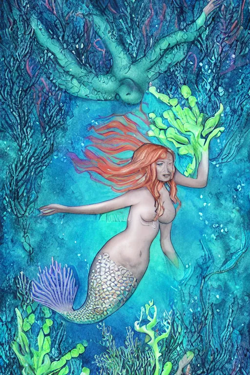 Image similar to beautiful mermaid swimming through bioluminescent algae coral reefs by małgorzata kmiec