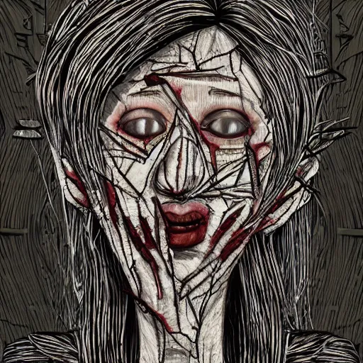 Prompt: face shredded like paper news scared, dark horror, surreal, illustration, by ally burke