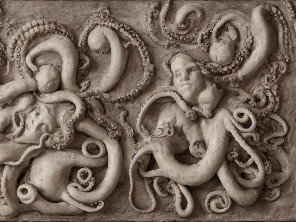 Image similar to twin embryos and octopus with machine gun bas-relief, baroque, highly detailed