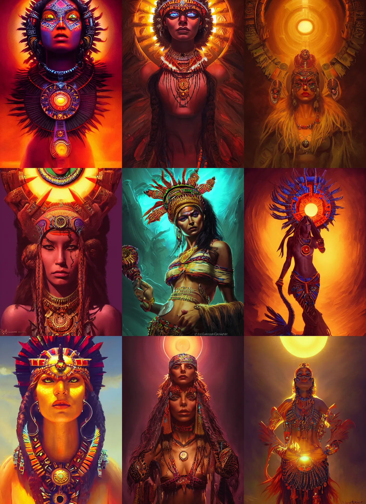 Prompt: aztec sun goddess, vivid colors, dark shadows, contrast, concept art, sharp focus, digital art, Hyper-realistic, 4K, Unreal Engine, Highly Detailed, Dramatic Lighting, Beautiful, by Brom, bastien lecouffe-deharme