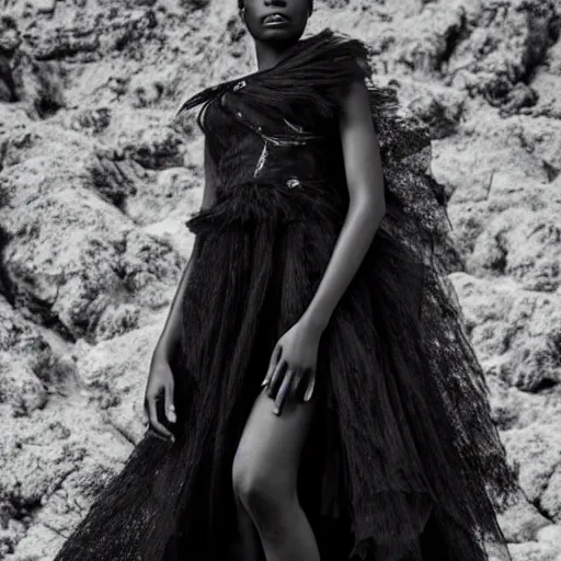 Prompt: close up of face of a black fashion model with huge and large valentino dress at the edge of active etna vulcan, official valentino editorial, highly detailed