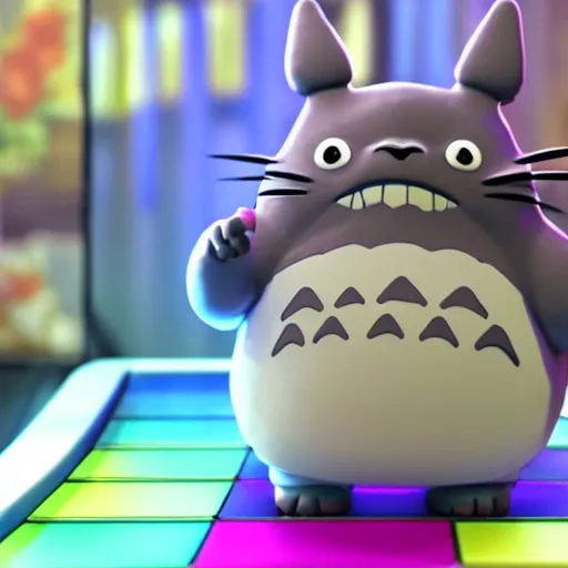 Image similar to Manga cover portrait of an extremely cute and adorable beautiful Totoro playing Dance Dance Revolution, 3d render diorama by Hayao Miyazaki, official Studio Ghibli still, color graflex macro photograph, Pixiv, DAZ Studio 3D