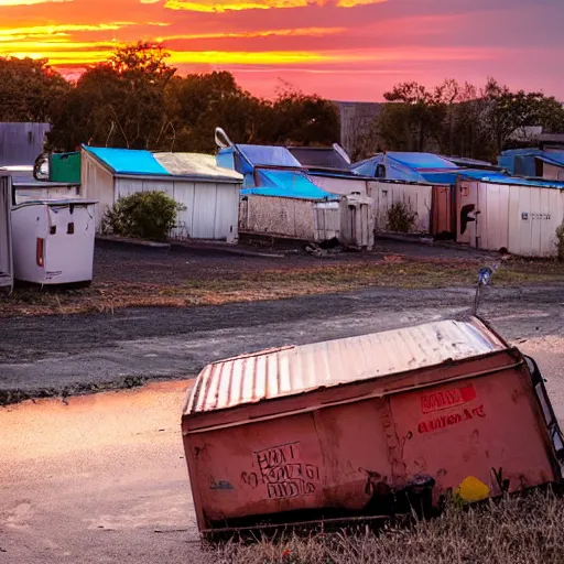 Image similar to a beautiful sunset over a flaming dumpster, landscape photography, award - winning, amazing details,