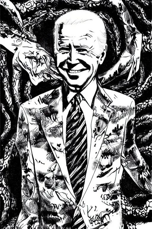 Image similar to Joe Biden full body portrait, body horror, black and white Illustration by Junji Ito