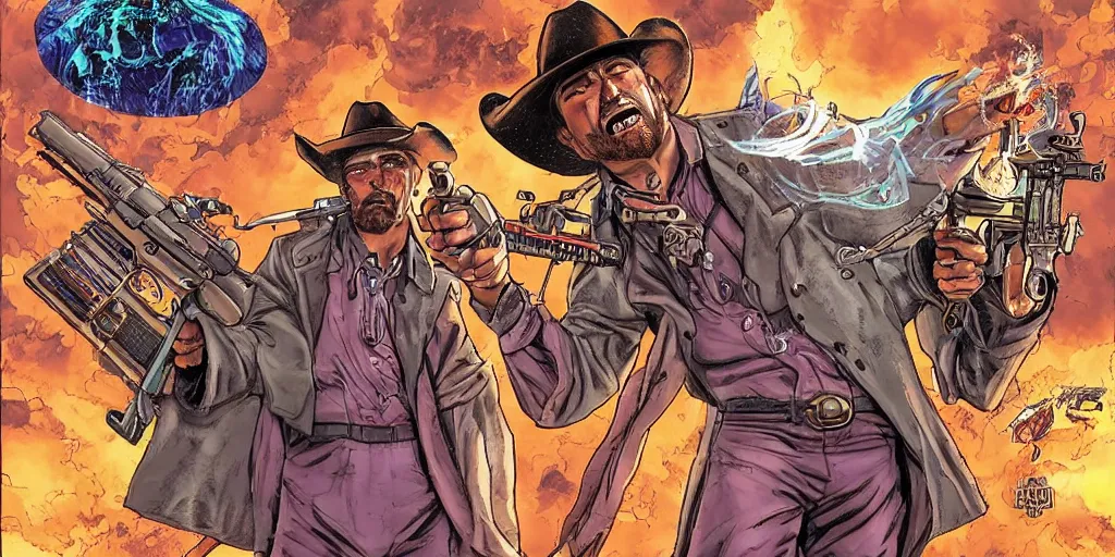 Prompt: a holographic ghost cowboy with two six shooters in front of a tomb in the comic book cover art style of Glenn Fabry