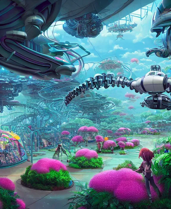 Image similar to a amusement park made out of seamless alien isopods, in the style of an aerodynamic robot, overgrown with puffy orchids, partly cloudy, somber, dramatic lighting, by dan mumford, yusuke murata, makoto shinkai, ross tran, cinematic, unreal engine, cel shaded, featured on artstation, pixiv