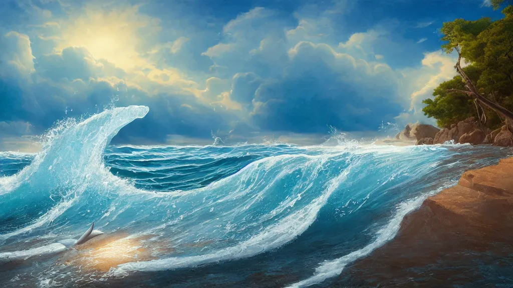 Prompt: first person view of breaking waves on the shore, summer, clear beautiful sky, bright sky, dolphins dolphin swimming, peaceful, amazing, by andreas rocha and john howe, and Martin Johnson Heade, featured on artstation, featured on behance, golden ratio, ultrawide angle, f32, well composed