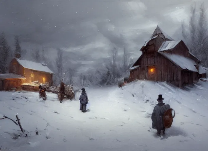 Prompt: oil painting, snow blizzard, nordic gnome, dwarf, small with gray clothes, pointy top hat, barn environment, hay and wooden tools, high detailed art by anders zorn, wonderful masterpiece by greg rutkowski, beautiful cinematic light, american romanticism by greg manchess, creation by tyler edlin