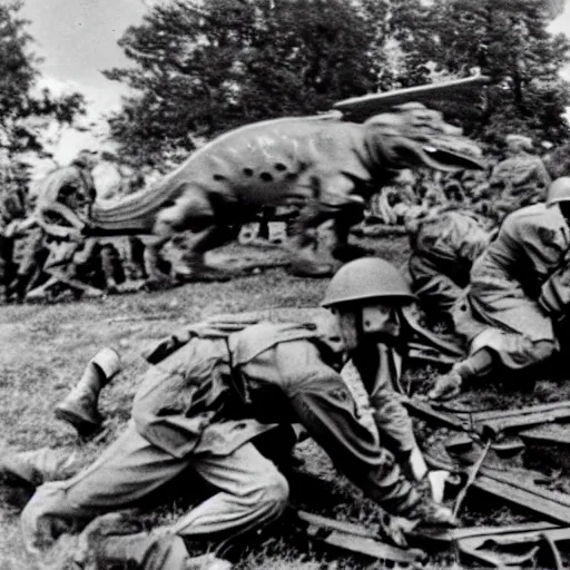 Image similar to WWII photograph of dinosaurs attacking nazi batallions